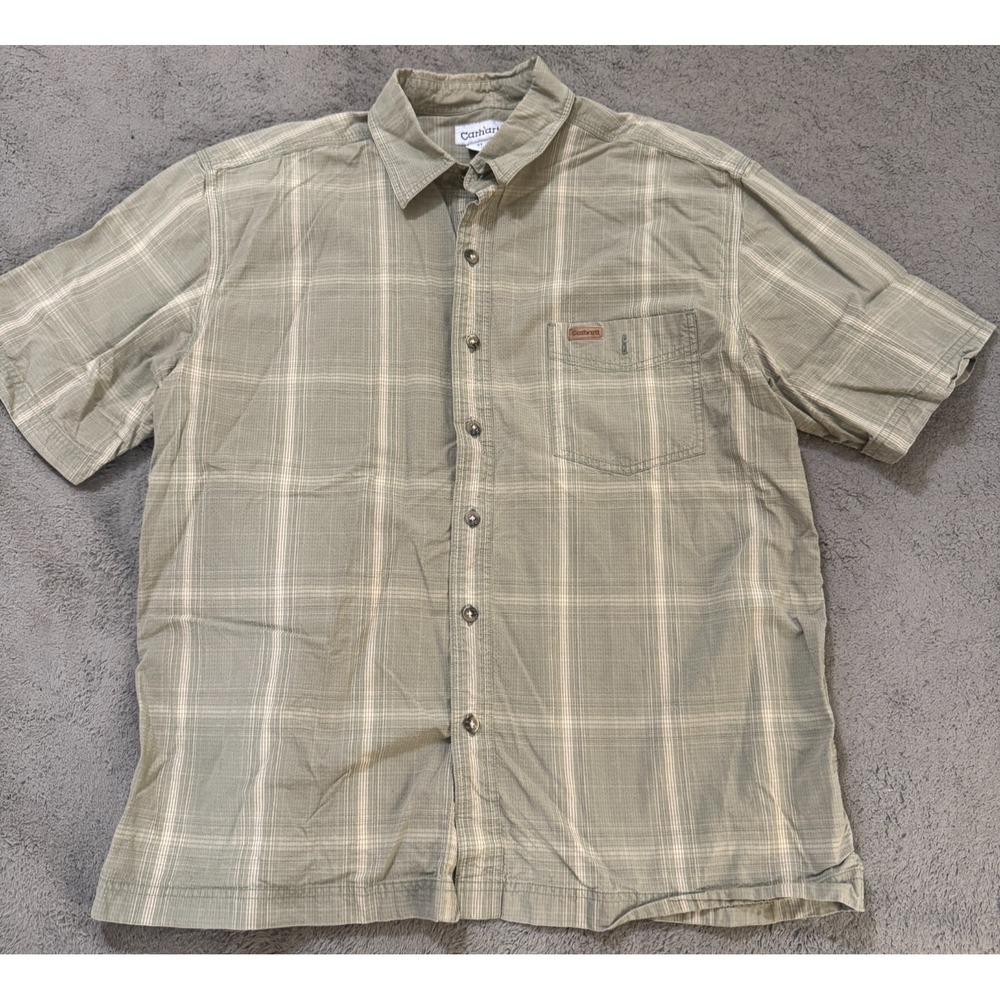 Carhartt Shirt Mens XL Olive Green Plaid Short Sleeve Ripstop Workwear